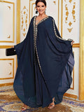 Middle Eastern Muslim Formal Dress, Classic Elegant Style, Fashionable French-Style, Romantic Classical Ethnic Style, Loose Shawl Abayas Gown for Women - Blue