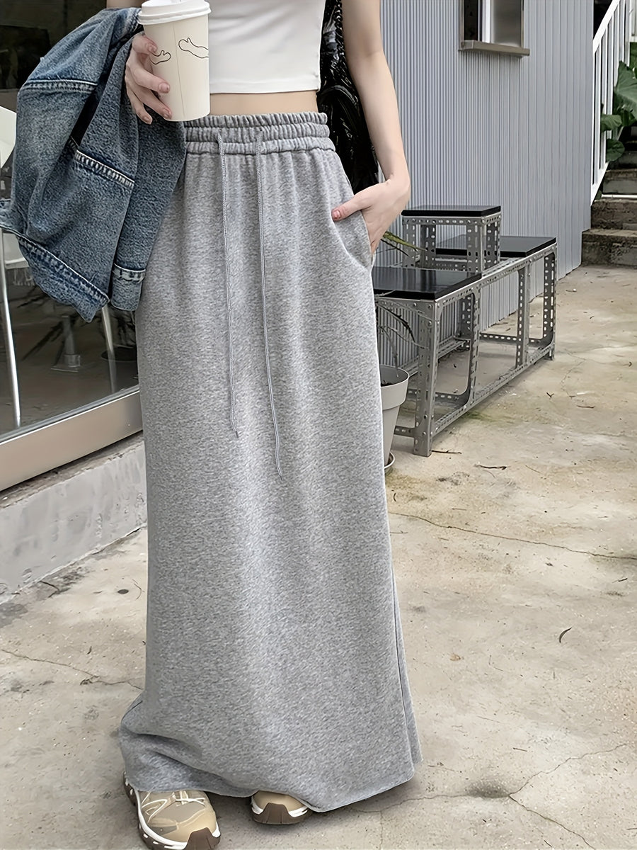 Women's Chic Casual Elastic Waist Slit Long Loose Straight Midi Skirt - Grey