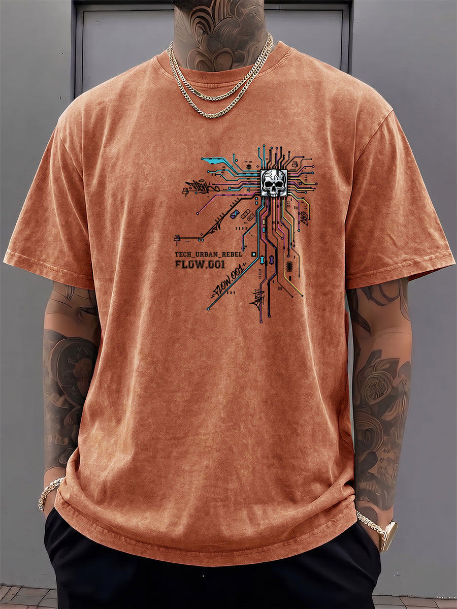Men's Short-Sleeve T-Shirt, Pure Cotton, Loose Fit, Washed Distressed Circuit Board Skull Graffiti Print, Trendy Reversible Double-Sided Print, 12 Colors for  Mix & Match, American Streetwear High Street Hip-Hop Top, for Daily Outings - Orange