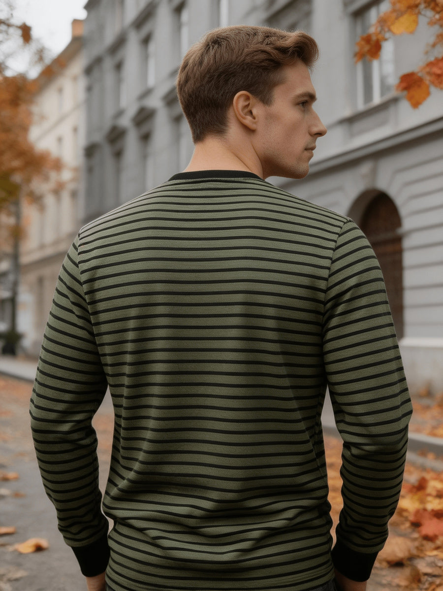 Men'S Round Neck Long Sleeve Henley Shirt, Classic Striped Button-Front Top, Ribbed Cuffs And Hem Breathable Soft Knit Pullover, Men'S Autumn Casual Shirt - Military Green
