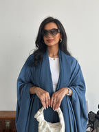 Middle Eastern Muslim Solid Color Loose Robe with Batwing Sleeves, Long Dubai Cardigan with Headscarf - Navy Color