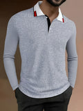 Men's waffle knit shirt paired with striped collar - breathable summer short sleeved casual long sleeved top, machine washable, suitable for outdoor and daily wear, striped pattern mix and match, smooth edge treatment, waffle texture fabric - Silvery Grey