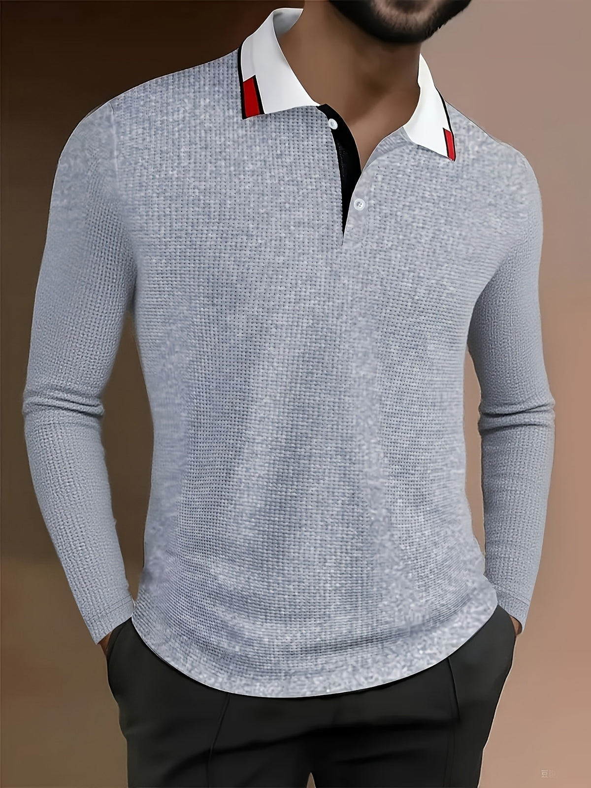 Men's waffle knit shirt paired with striped collar - breathable summer short sleeved casual long sleeved top, machine washable, suitable for outdoor and daily wear, striped pattern mix and match, smooth edge treatment, waffle texture fabric - Silvery Grey