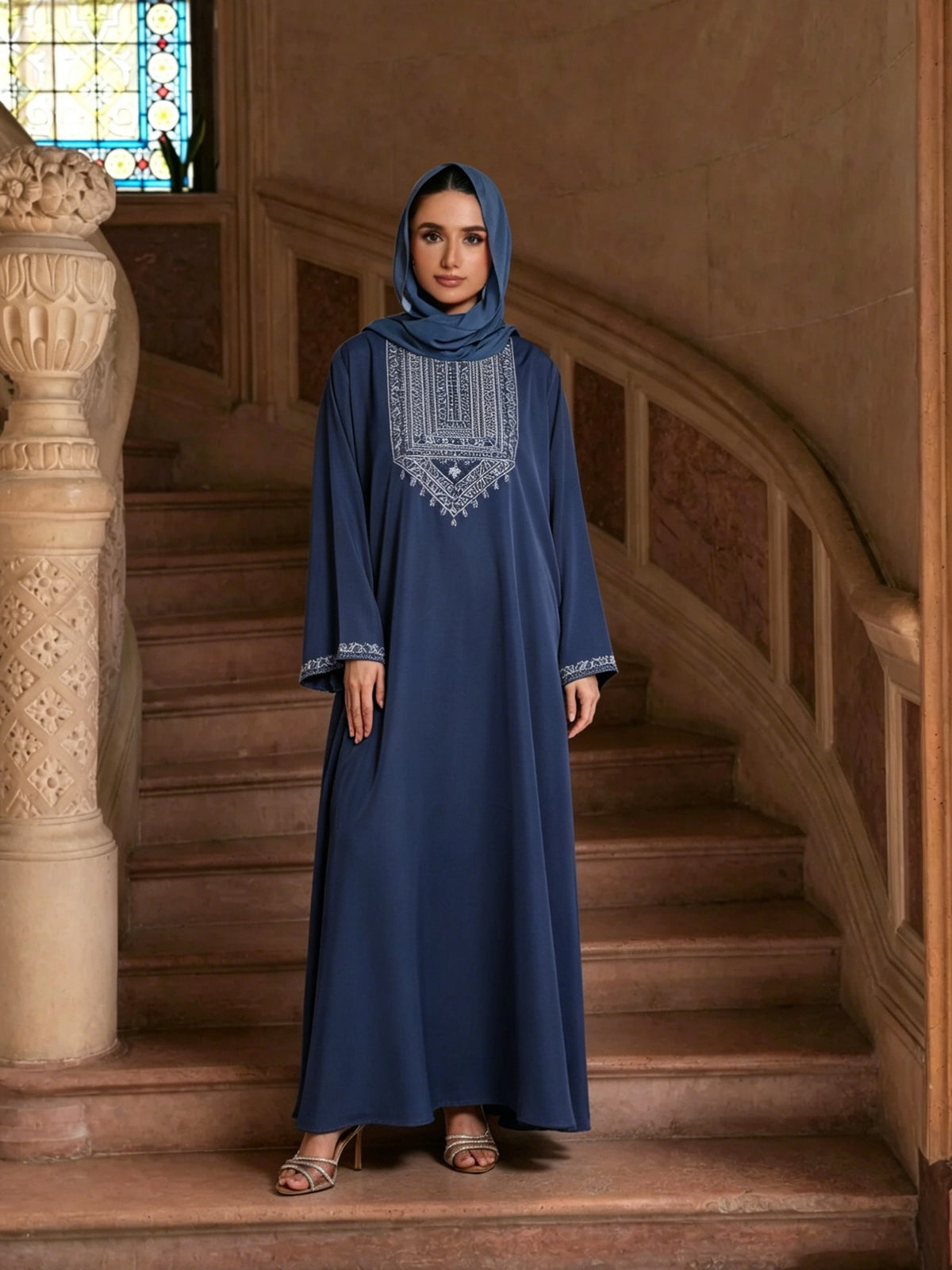 Muslim Ethnic Style Intricate Embroidery Craft Round Neck Long Sleeve Elegant Casual Long Dress Abaya (Headscarf Not Included) - Navy Color