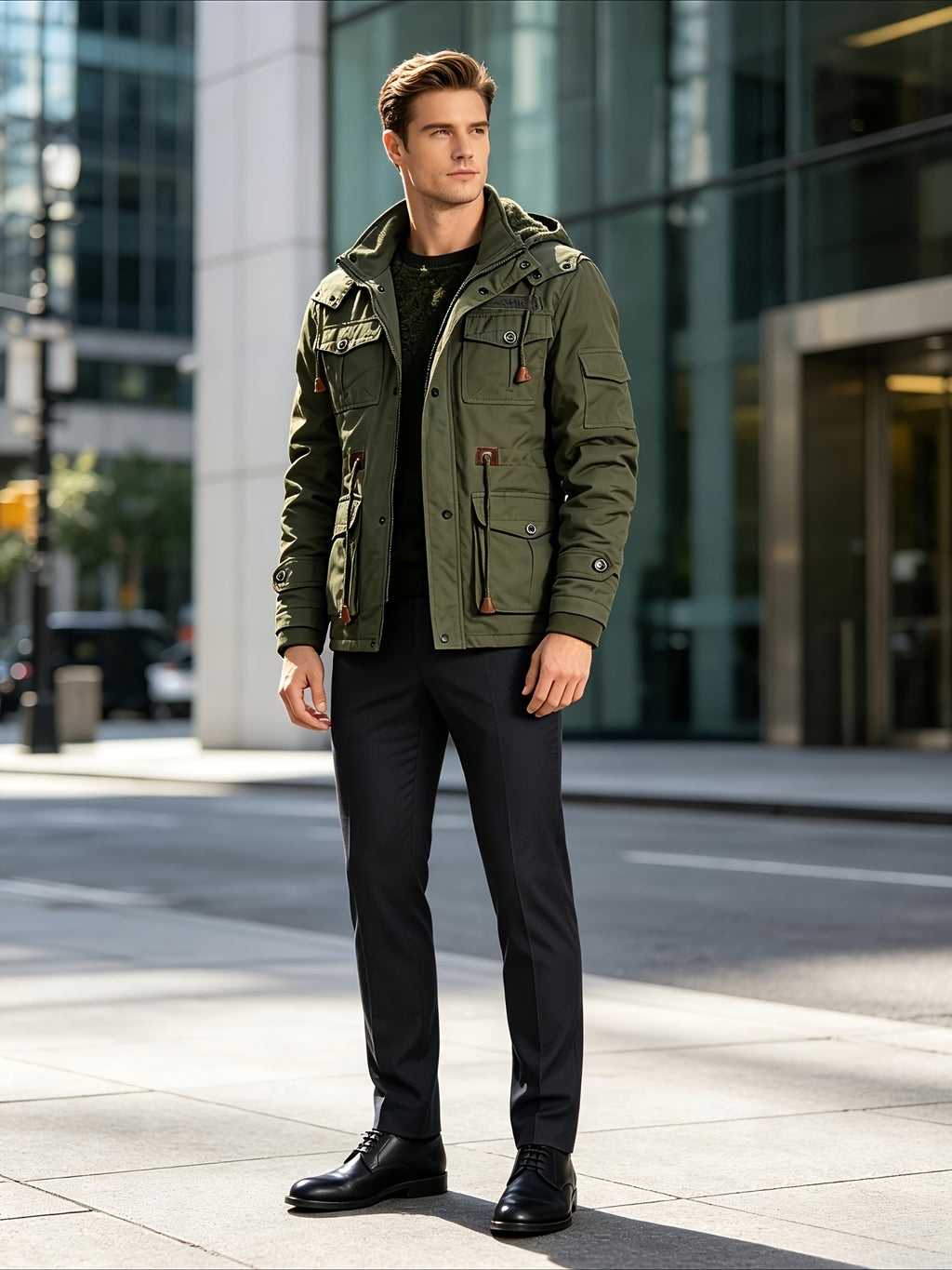 TNZI Men' Vintage Washed Hooded Cargo Jacket - Multi-Button & Zipper Hooded Coat with Collar, Half-Door Zipper Closure, Button Utility Outerwear Suitable for Business Commute, Outdoor Hiking, Winter Streetwear Jacket - Dark Green