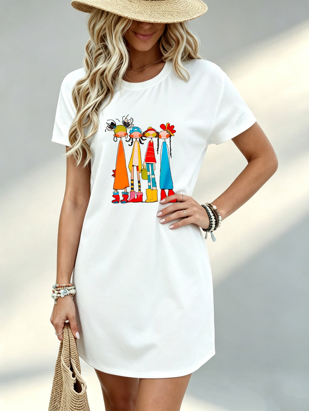Printed Design - Not Textured, Casual Style, Women's Dress, Colorful Graphic Print, Summer Beach Outing, Gift for Friend Or Sister, 100% Polyester - White