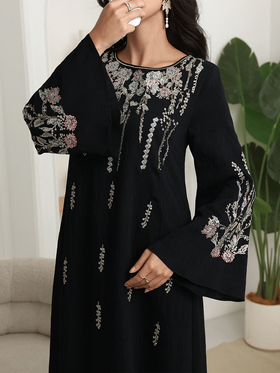 Al Najma Women ElegantEmbroidered Dress, MinimalistFashion Casual Daily Wear, Modest Kaftan - Black