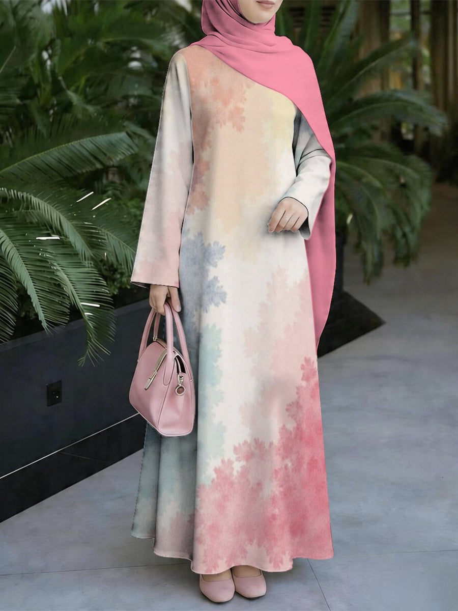 Printed Muslim Robe Style, Muslim Women's Long Dress, Middle Eastern Traditional Cultural Attire, Long-Sleeved Elegant Long Pullover Loose Fit Round Neck Maxi Dress, Floral Robe Dress for Women, Middle Eastern Dubai Arabic Style Loose Fit Long Robe - Mixed colors