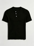 2pcs Men's Vertical Ribbed Henley Neck Long Sleeve T-Shirt, 3-Button Half-Placket High-Stretch Slim Fit Textured Top for Commuting, Office, Daily Casual Wear, Suit Layering, and Base Layer - Black+Light White
