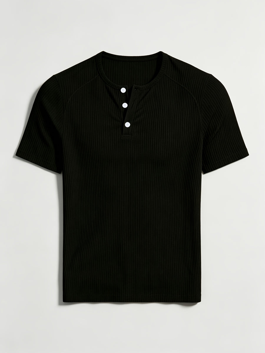 2pcs Men's Vertical Ribbed Henley Neck Long Sleeve T-Shirt, 3-Button Half-Placket High-Stretch Slim Fit Textured Top for Commuting, Office, Daily Casual Wear, Suit Layering, and Base Layer - Black+Light White