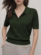 Women's Collar Rhombus Pattern Short Sleeve Top, Versatile Commuter Style for Spring and Summer - Olive Green