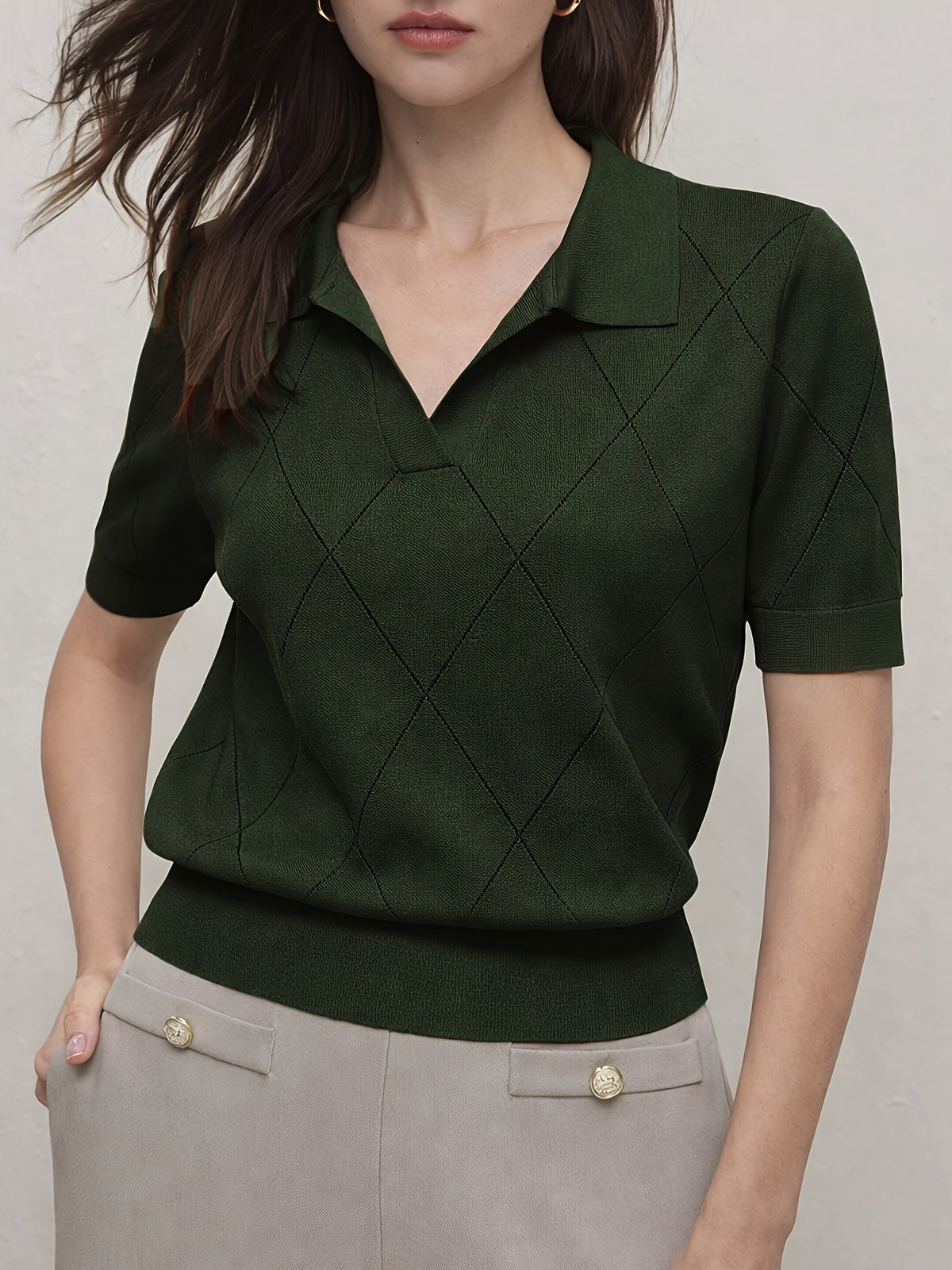 Women's Collar Rhombus Pattern Short Sleeve Top, Versatile Commuter Style for Spring and Summer - Olive Green