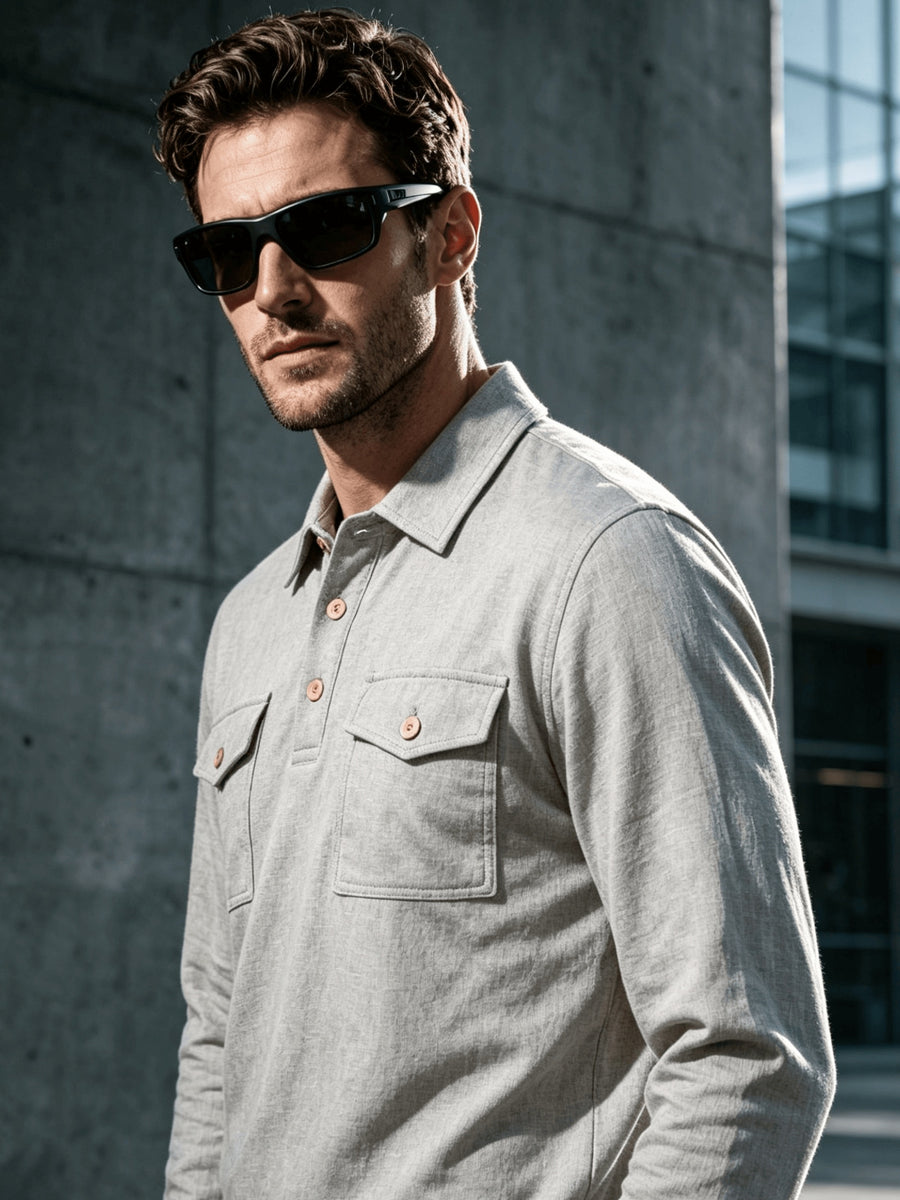 2026 New Men'S Long Sleeve Cargo Polo Sweatshirt, Double Pocket Lapel Design, Autumn Casual Commuter Pullover Top, Christmas Thanksgiving Gift for Boyfriend Husband - Light Grey