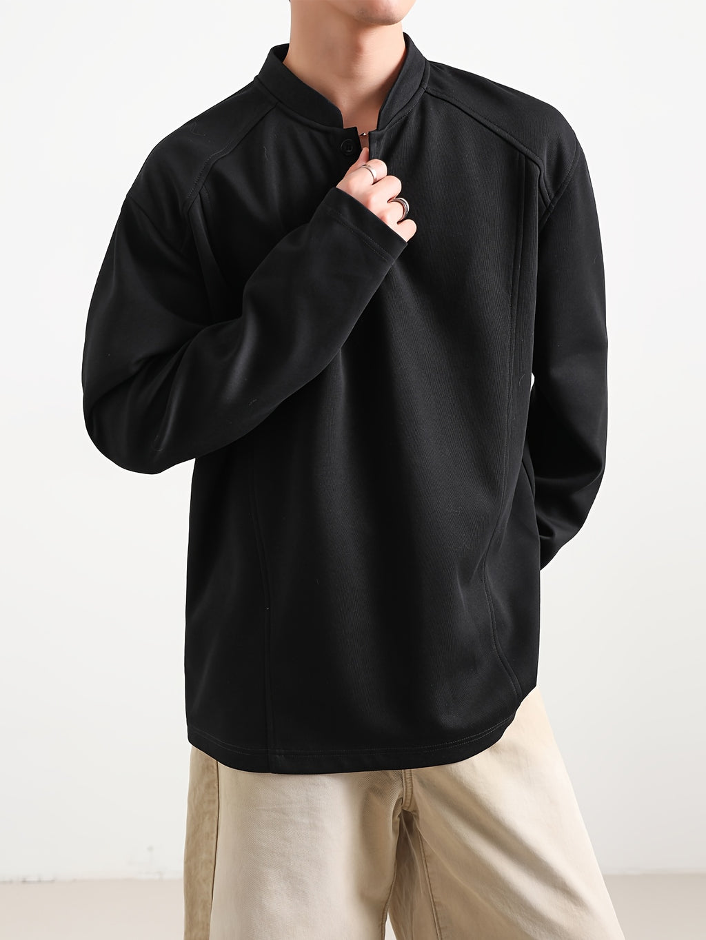 Men'S Casual Athletic T-Shirt, 1pc Men'S Fashion Trendy Casual Individual Patchwork Long Sleeve T-Shirt, Loose Fit Comfortable Slight Stretch Fabric, Blend Material, Suitable for Daily Casual Wear - Black