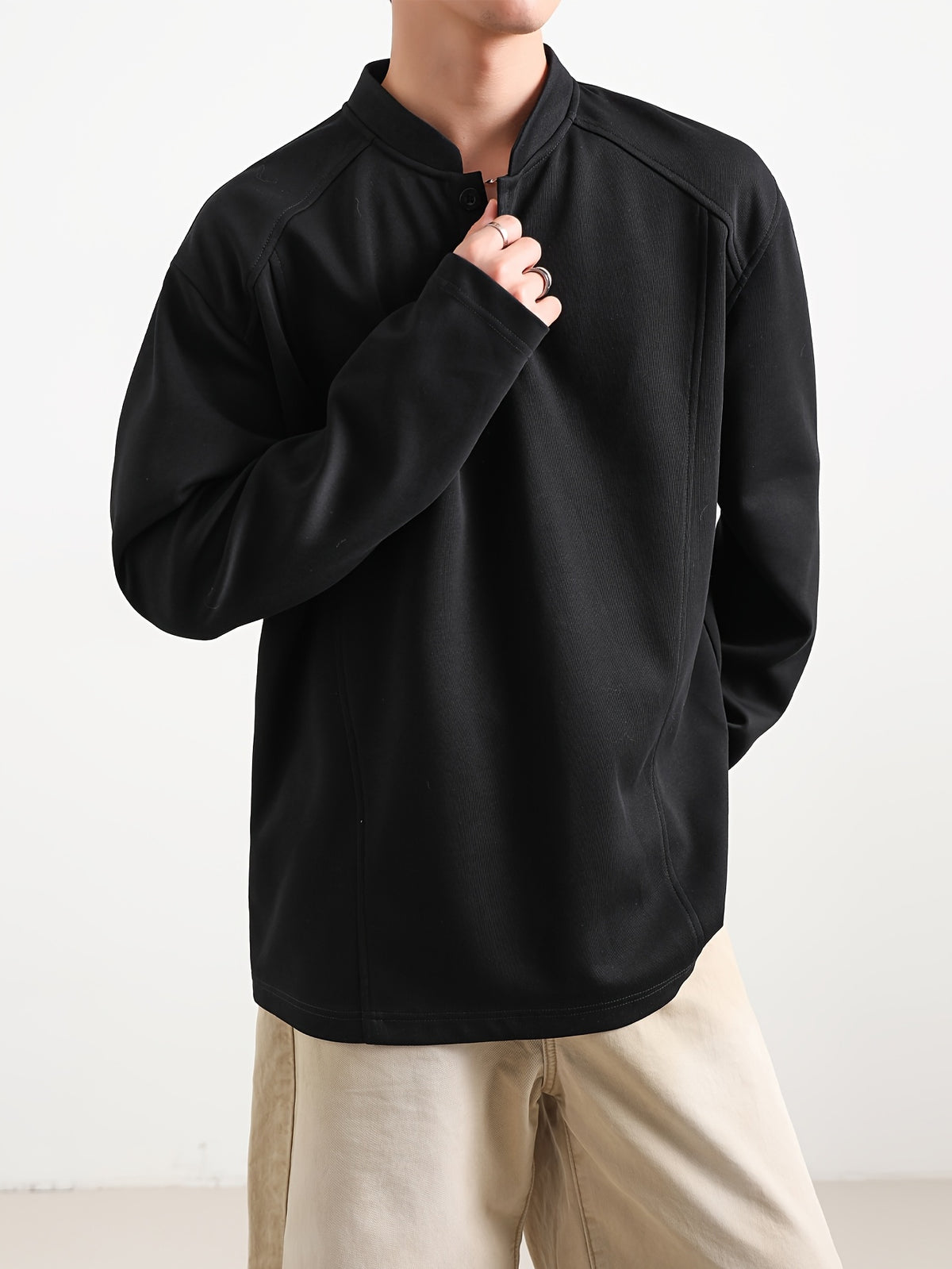Men'S Casual Athletic T-Shirt, 1pc Men'S Fashion Trendy Casual Individual Patchwork Long Sleeve T-Shirt, Loose Fit Comfortable Slight Stretch Fabric, Blend Material, Suitable for Daily Casual Wear - Black