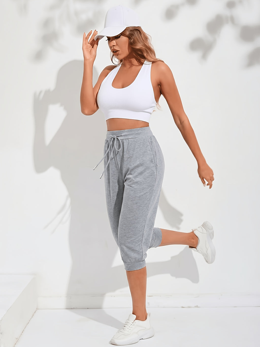 Women's Two-Pack Cropped Solid Color Jogger Sweatpants, High-Waisted Loose Fit with Drawstring Cuffs and Pockets, Casual Trousers - Light Gray + Dark Gray