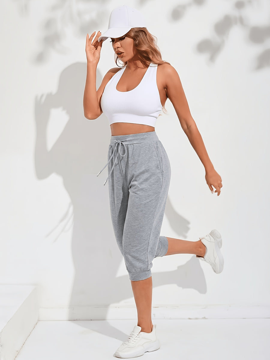 Women's Two-Pack Cropped Solid Color Jogger Sweatpants, High-Waisted Loose Fit with Drawstring Cuffs and Pockets, Casual Trousers - Light Gray + Dark Gray