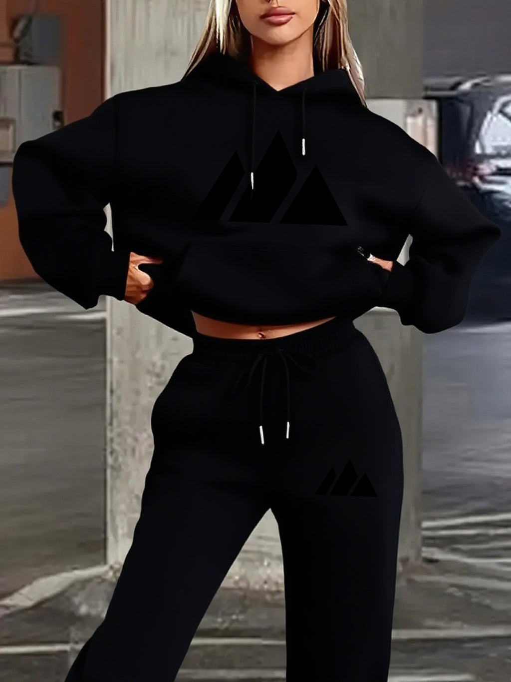 Hoodie Set with Black Triangle Pattern Letter Print Standard Round Neck - Black