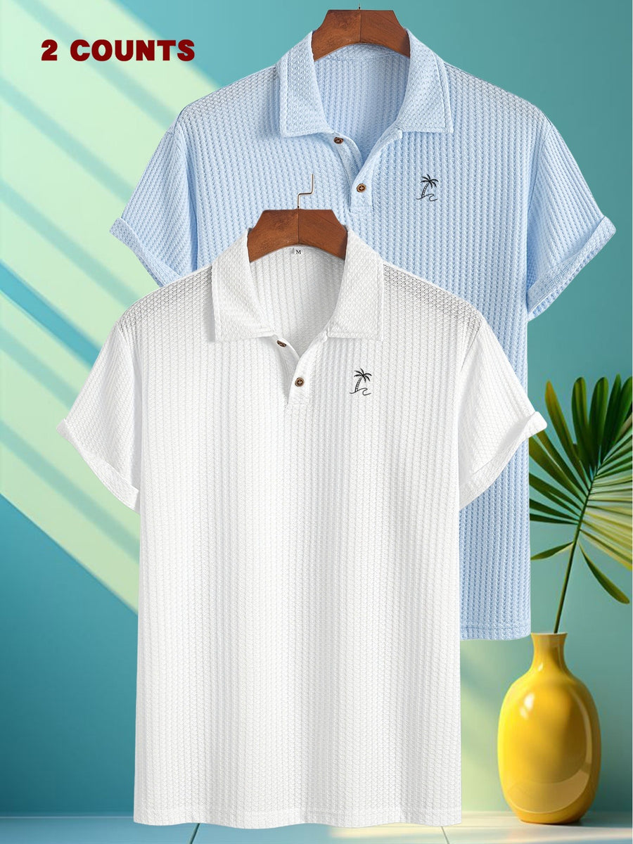 FM723 Palm Tree Print 2pcs Summer Men'S Textured Jacquard Short-Sleeved POLO Shirt Comfortable Casual Soft Knitted Lapel Daily Business Top Gift - White+Sky Blue
