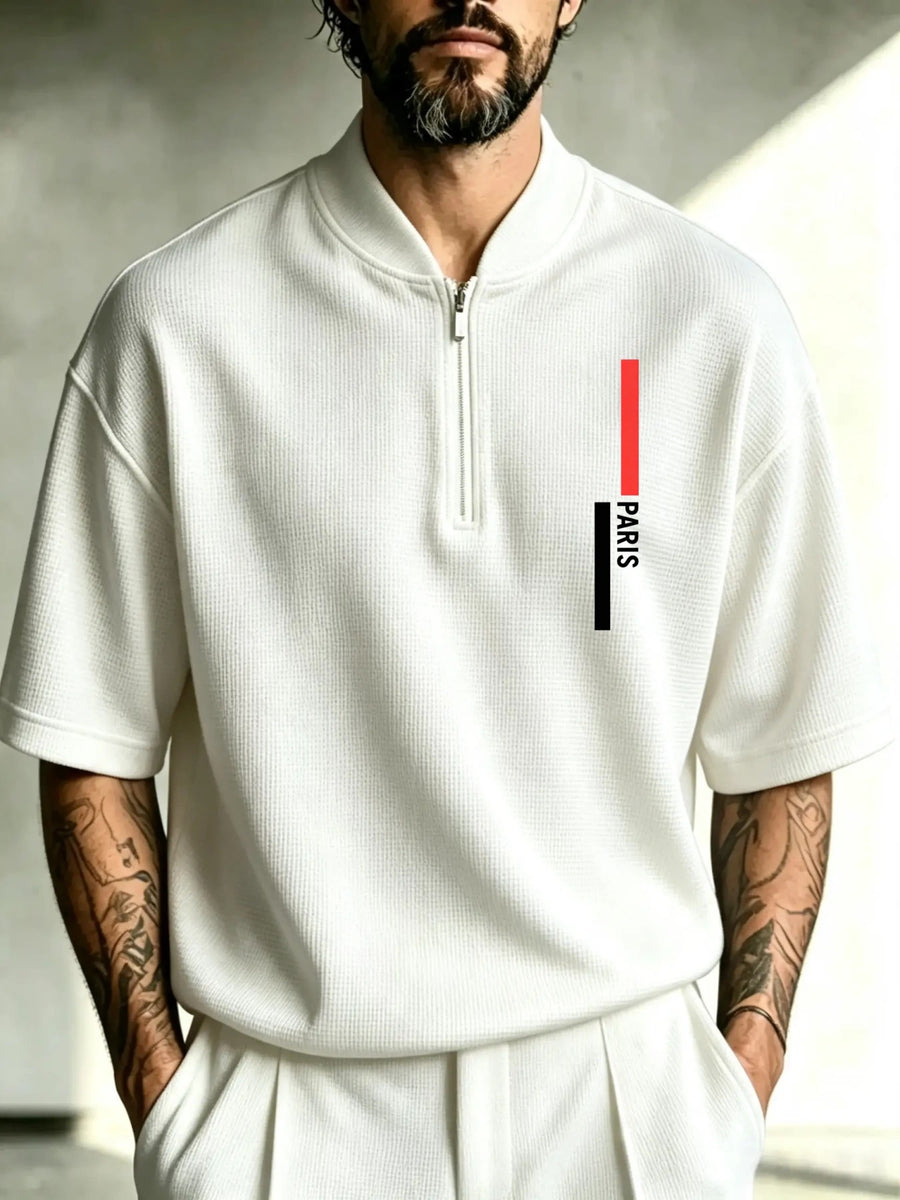 Men'S Waffle Half-Zip Stand Collar T-Shirt, Easy Vertical Stripe Paris Letter Print Loose Summer Casual Short Sleeve Top - White