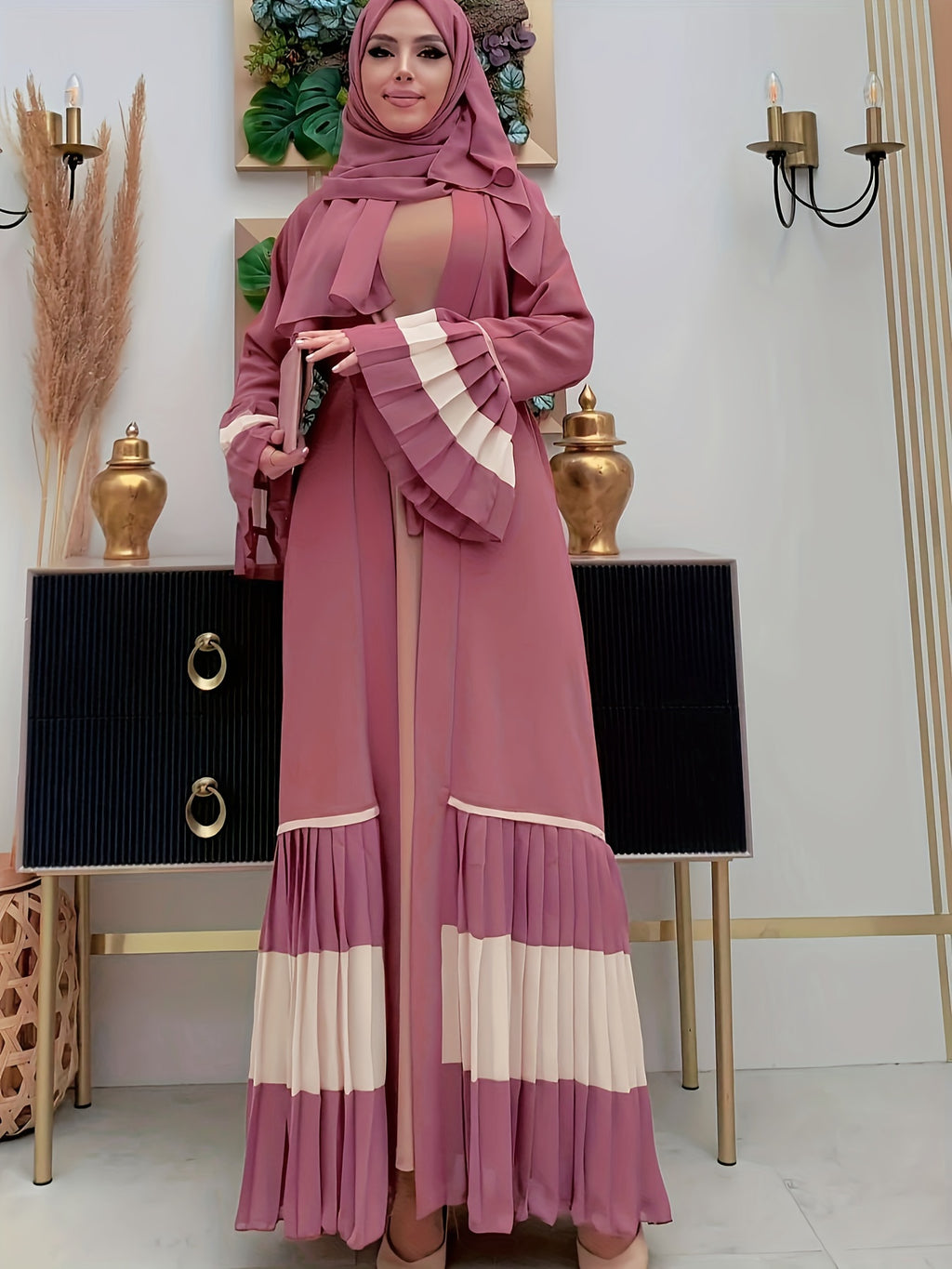 Ramadan 2025 Middle East Cross-border Women's Casual Color-block Pleated Muslim Abaya Open Cardigan - The color of rouge
