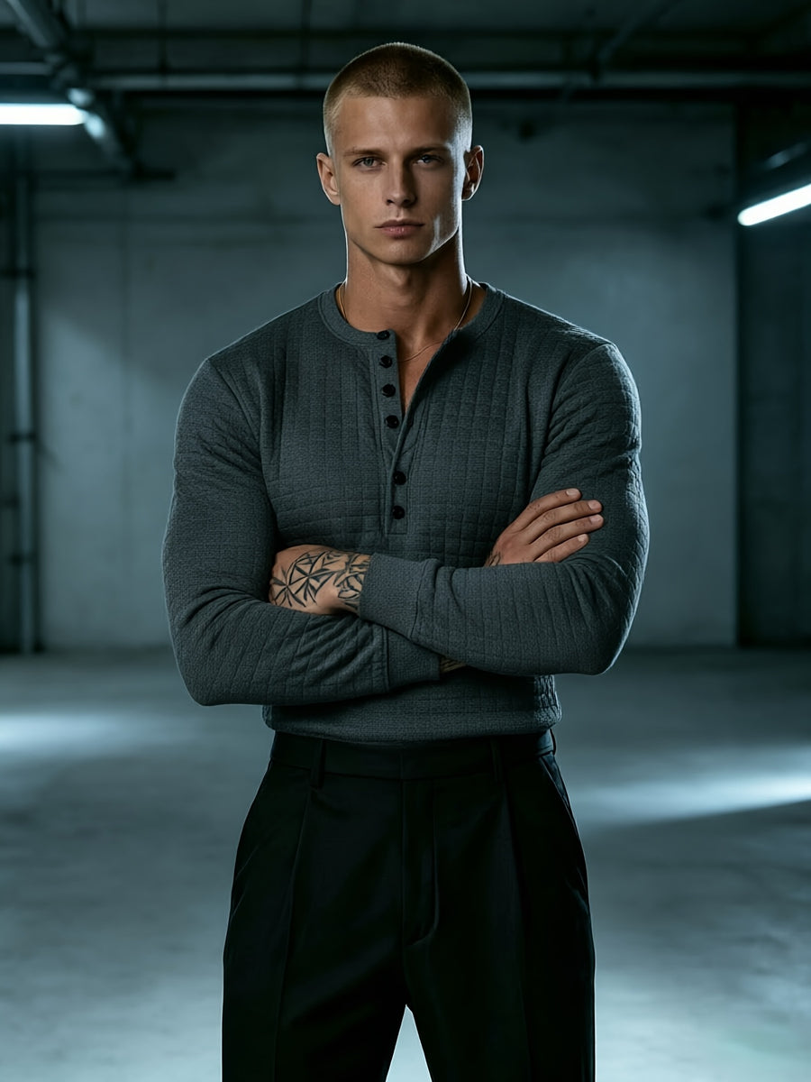Autumn New Men'S White Checkered Henley Long Sleeve T-Shirt, Henley Collar Textured Top, Easy Rugged Slim Fit, Salon Gathering Casual Wear, Easy Fashion, Men'S Half-Open Long Sleeve - Dark Gray