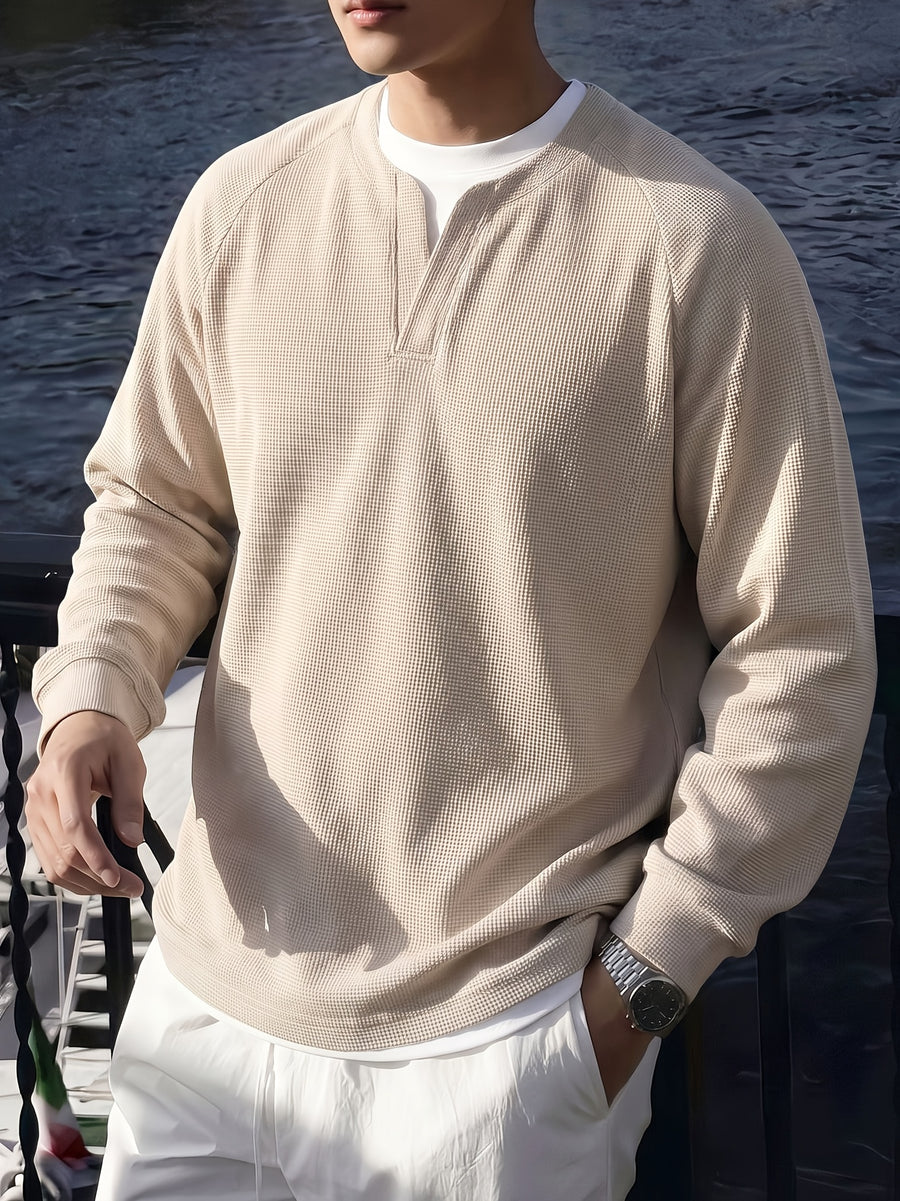 Men's Business Casual Henley Collar Long Sleeve Shirt Waffle Knit Breathable Raglan Sleeve Loose Fake 2pcs Top for Spring Autumn Outdoor Travel Daily Wear - Apricot