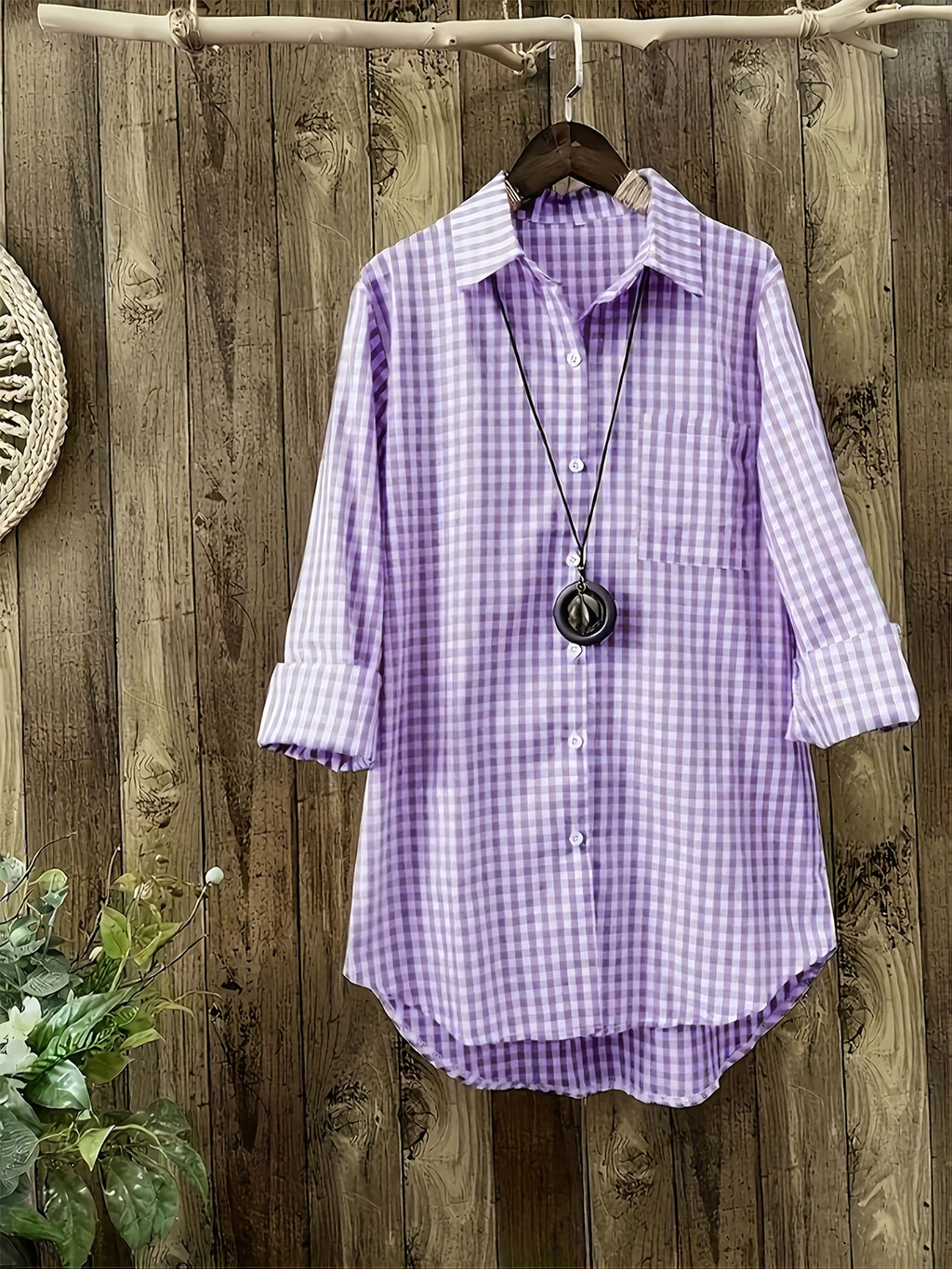 Women'S Spring Summer Casual Retro Commuter Long Sleeve Plaid Shirt - Purple