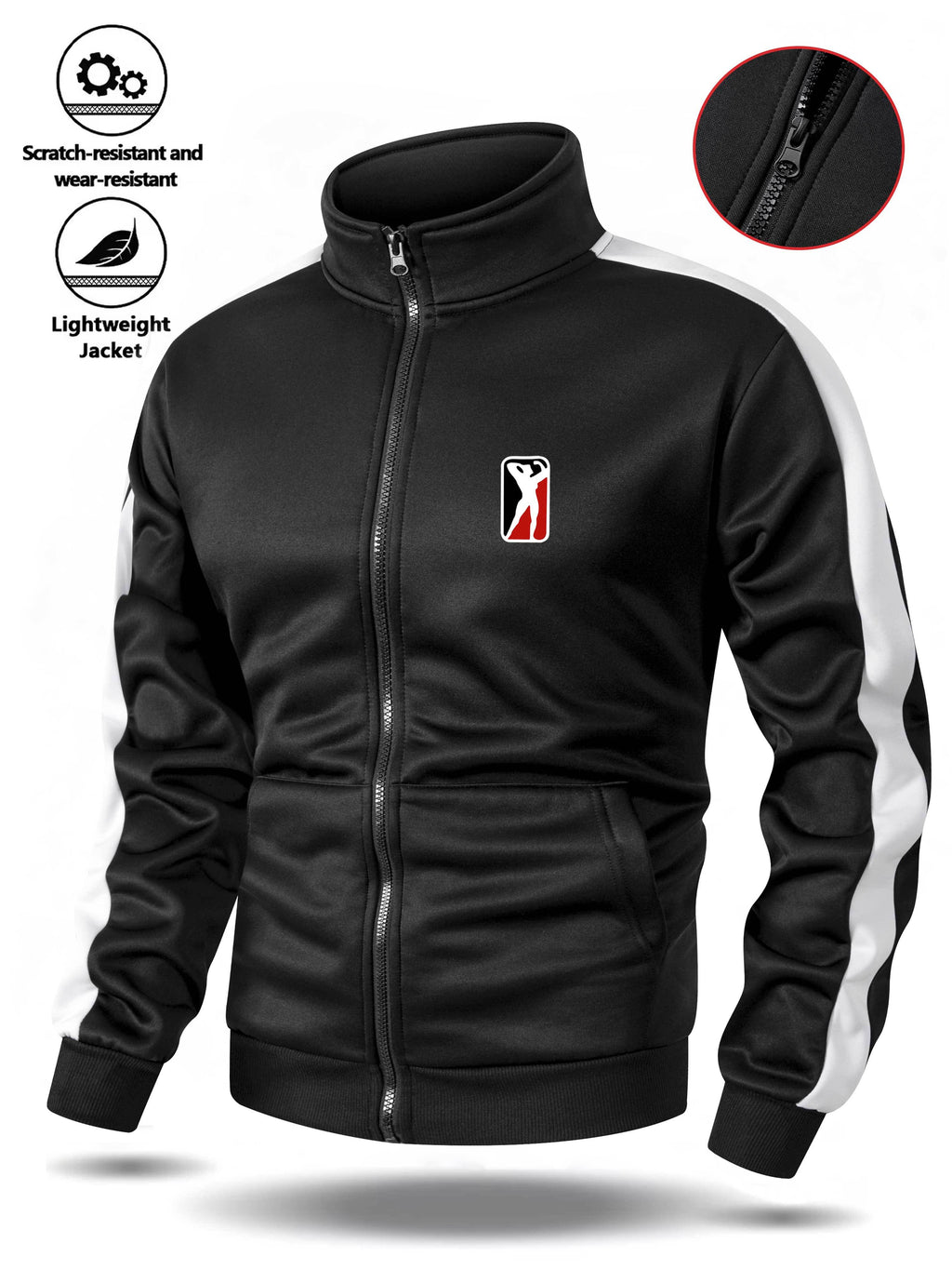 Spring/Autumn Men'S Stand-Up Collar Zip-Up Casual Jacket, Contrast Striped Sleeve Design Adds Layering, Chest Athletic Figure Print Easy And Energetic. Fabric Is Soft And Flowing, Non-Stuffy, Fit Various Body Types, Suitable for Sports, Commuting - Black