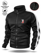 Spring/Autumn Men'S Stand-Up Collar Zip-Up Casual Jacket, Contrast Striped Sleeve Design Adds Layering, Chest Athletic Figure Print Easy And Energetic. Fabric Is Soft And Flowing, Non-Stuffy, Fit Various Body Types, Suitable for Sports, Commuting - Black
