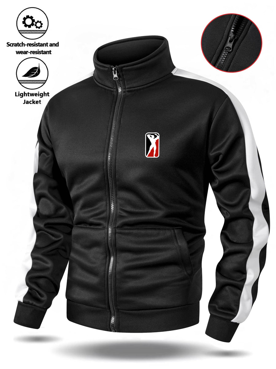 Spring/Autumn Men'S Stand-Up Collar Zip-Up Casual Jacket, Contrast Striped Sleeve Design Adds Layering, Chest Athletic Figure Print Easy And Energetic. Fabric Is Soft And Flowing, Non-Stuffy, Fit Various Body Types, Suitable for Sports, Commuting - Black