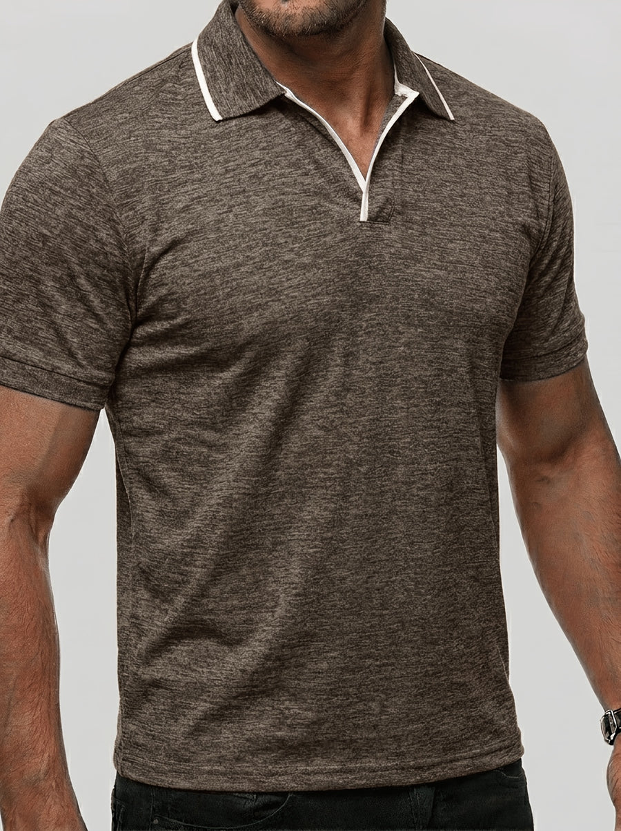 Summer Men'S Short Sleeve T-Shirt, Men'S Business Shirt, Round Neck Lapel Contrast Men'S T-Shirt, Casual Party, Suitable for Various Styles, Travel, Golf, Daily, Suburban Tourism, Family Travel, Parent-Teacher Meeting, Casual Short Sleeve Top, Knit - Army Brown Color