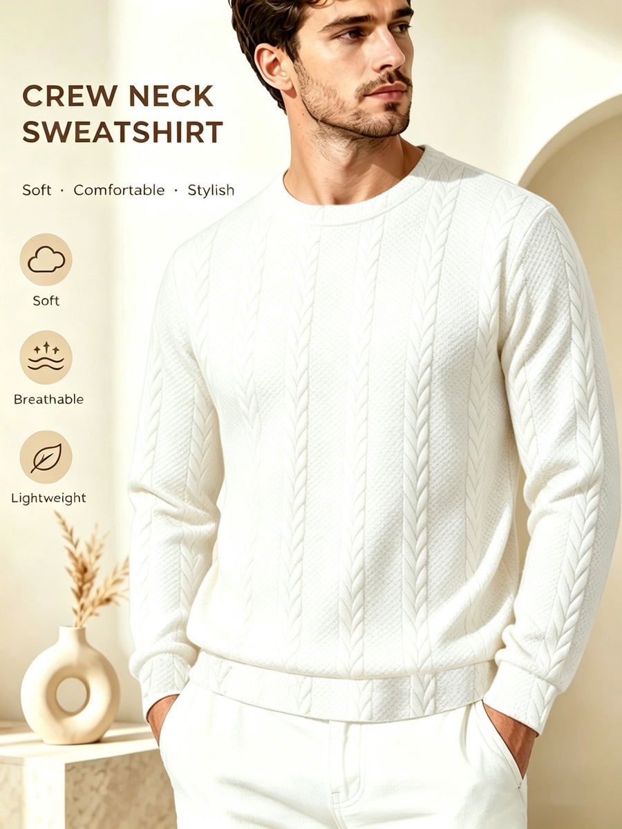 Men's Crew Neck Jacquard Sweatshirt, Fashionable and Versatile Sweatshirt for Spring and Autumn, Suitable for Outerwear or Layering, Features Three-Dimensional Visual Texture, Comfortable to Wear, Ideal for Casual, Vacation, Travel, and Home Wear - White