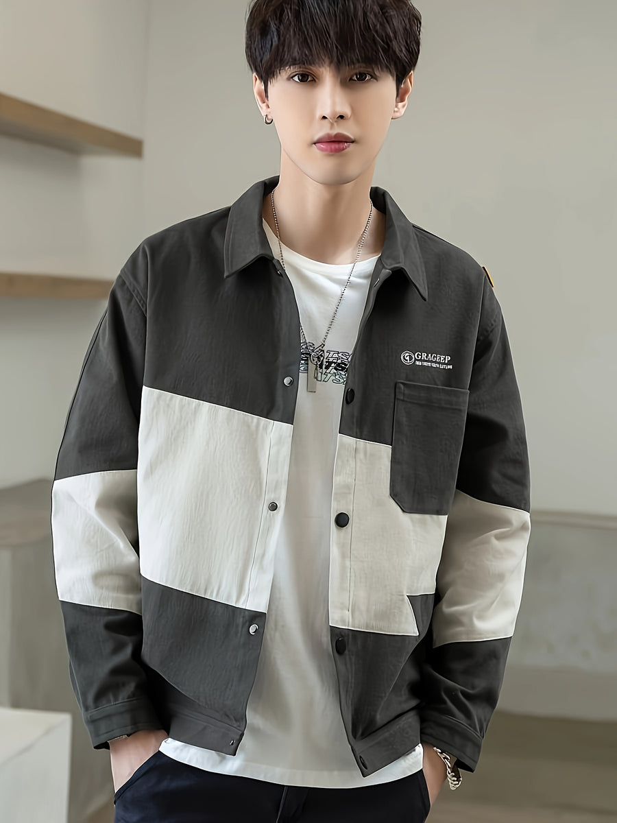 Patchwork Jacket Men'S Trendy Cool Loose Men'S Autumn Top Coat Jacket Spring Autumn Style All-Match - Grey
