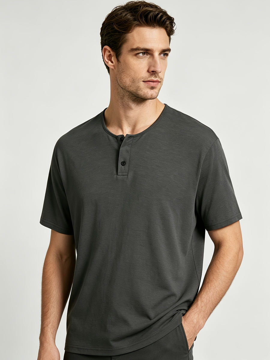 Short Sleeve T-Shirt Henley Collar Half-Open Round Neck Summer New Round Neck Solid Color Men'S Thin Top Athletic Short Sleeve Men'S Loose Plus Size Fitness Slim T-Shirt Henley Button-Up Collar Base Layer Training Trendy - Dark Gray