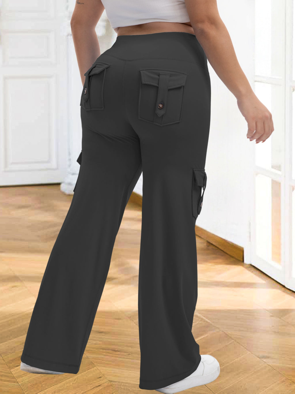1pc Of Large-Size Women's Sports Wide-Leg Pants, Casual Home Wide-Leg Pants with 4 Strap Pockets, High Waist And Tummy Control, Moisture Wicking, Suitable for Outdoor Sports Fitness, Running Exercise, Daily Wear Women's Large-Size Trousers - Black