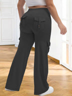 1pc Of Large-Size Women's Sports Wide-Leg Pants, Casual Home Wide-Leg Pants with 4 Strap Pockets, High Waist And Tummy Control, Moisture Wicking, Suitable for Outdoor Sports Fitness, Running Exercise, Daily Wear Women's Large-Size Trousers - Black