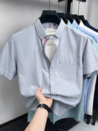 Men's Pure  Short-Sleeve Shirt, High Quality, Suitable for Business, Outerwear, Home, Gatherings, Parties, Skin-Friendly, Breathable, Fine Texture, Mature Style - Beige Gray