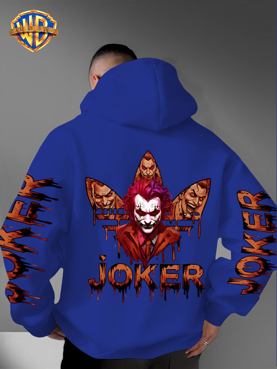 Warner Bros. Official DC Joker Multi-Character Avatar Brown-Toned Fluid Drip Graffiti Men's Fashion Hooded Sweatshirt, Sleeve Print Design, Kangaroo Pocket, Drawstring Hood, Suitable for Daily Wear and Outdoor Sports, an Excellent Choice for Warmth - Blue