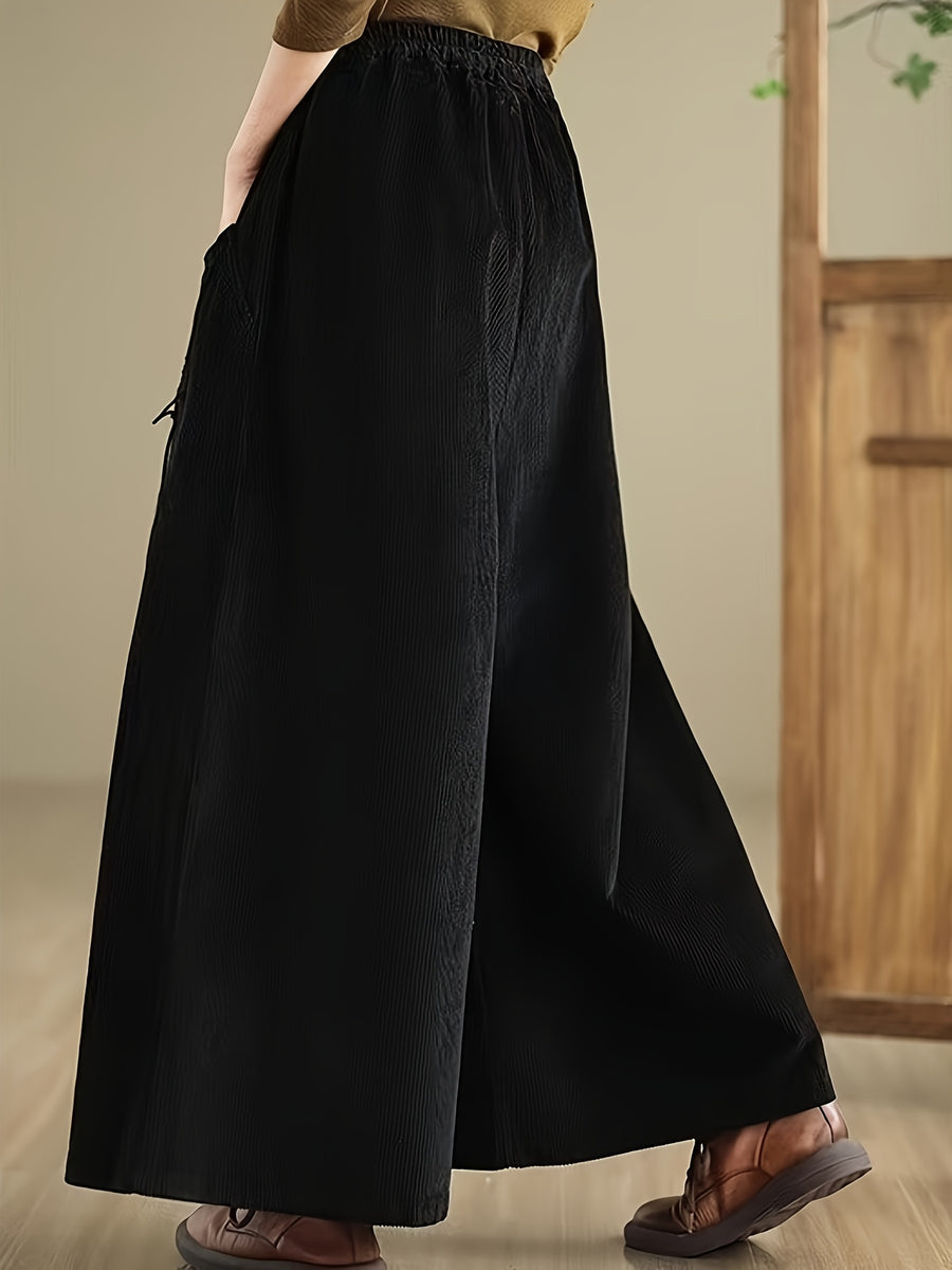 Corduroy Wide-Leg Pants with Elastic Corduroy Waist (Suitable for Body Types) - Solid Color Casual Trousers, Machine Washable,, Corduroy Pants for Casual Attire - Black