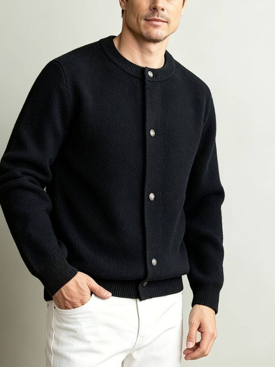 Men'S Italian Casual Gentleman Windproof Solid Round Neck Knit Cardigan Top, Heavy Fabric Warm Non-Constricting Ribbed Hem Windproof Fitted, Suitable for Coffee Dates Art Exhibitions City Strolls Mall Shopping Holiday Leisure Commute Outerwear Top - Black