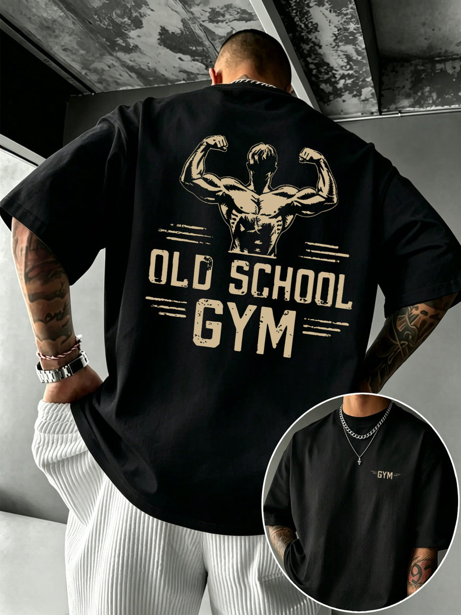 Men'S 100% T-Shirt Retro Fitness Muscle Pattern Comfortable Breathable Summer Casual Athletic Top - Black