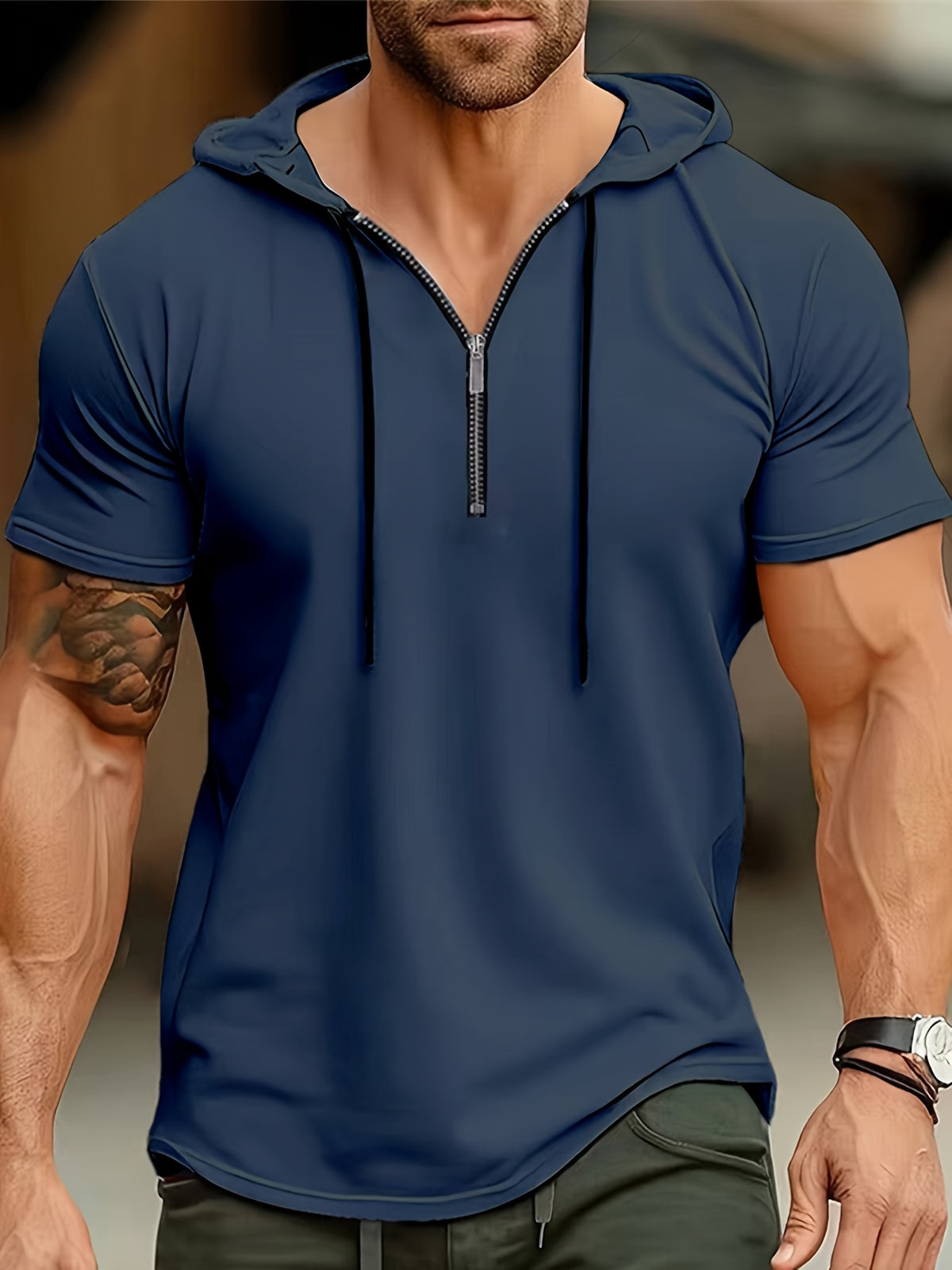 1 Men's Casual Henley Shirt, Men's Sportswear Fitness Hooded Short-Sleeve T-Shirt, Summer Hooded Sports Top T-Shirt - Navy Color