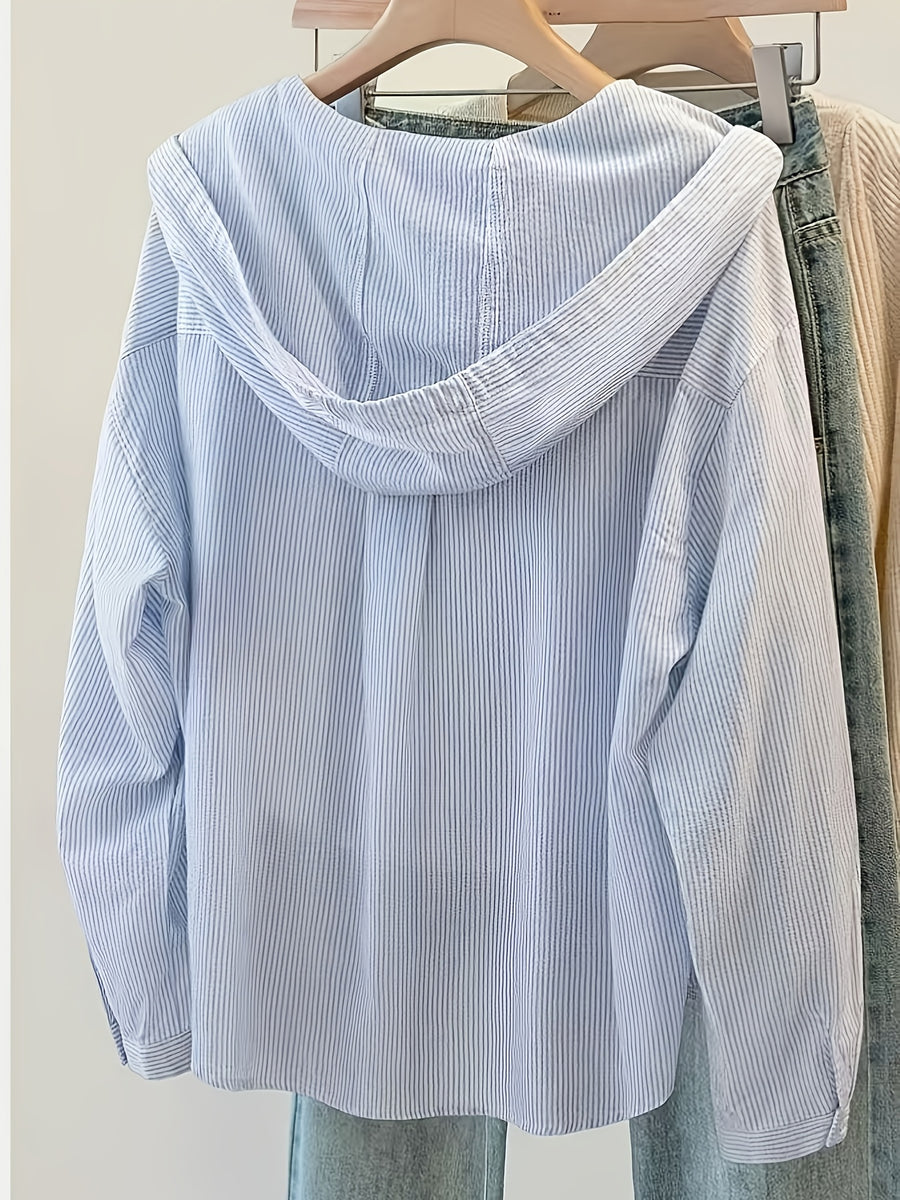 Women's Vertical Stripe Blue Embroidered Casual Shirt - 2026 New Hooded Shirt - Powder blue