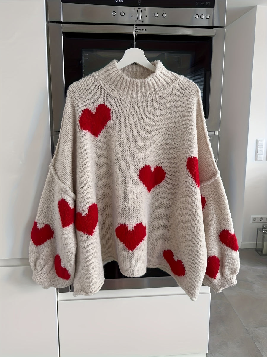Women's Elegant Loose Fit Heart Pullover Sweater NS702 - Off-white