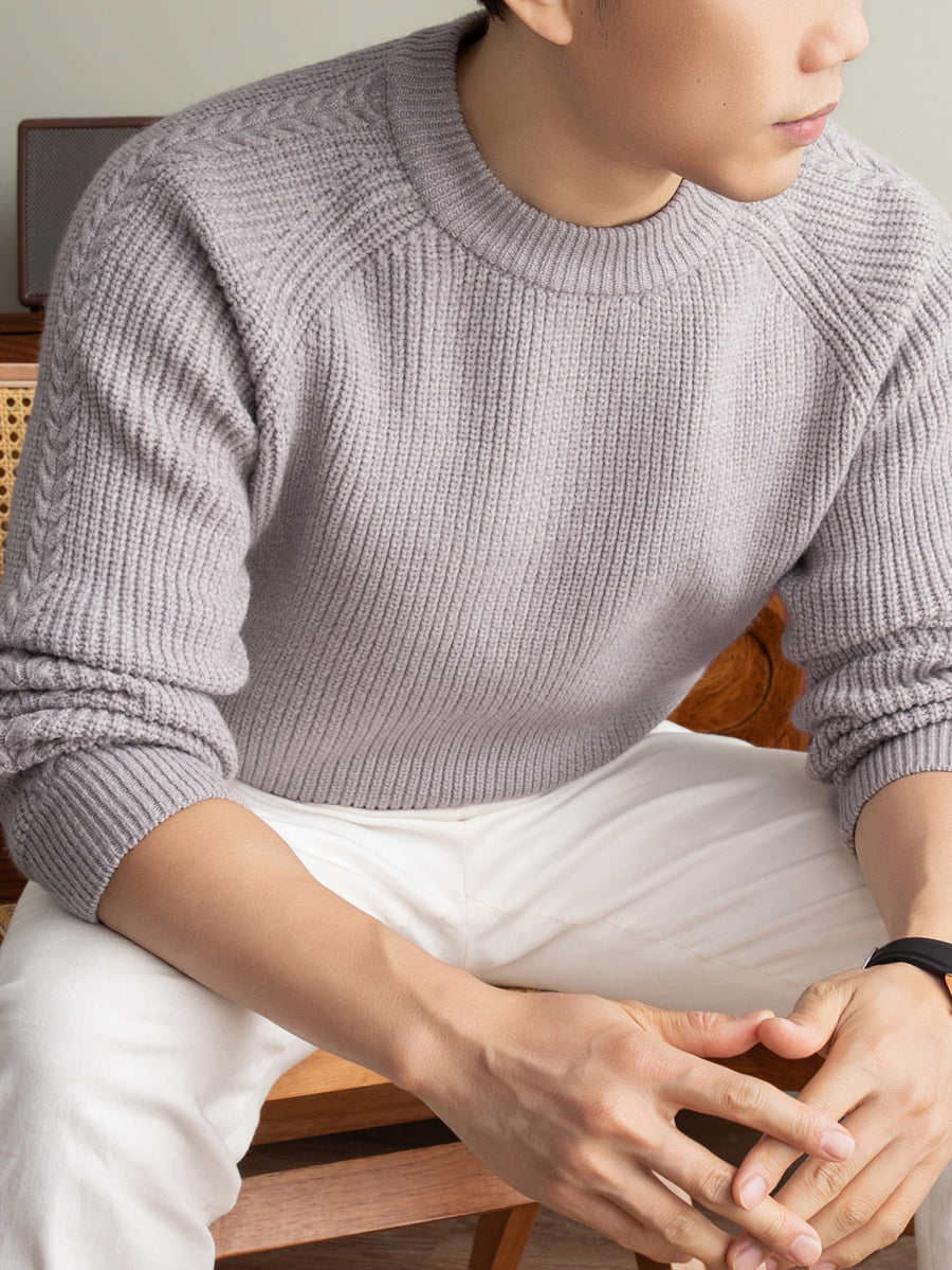 Winter New Round Neck Long Sleeve Thick Warm Men'S Sweater Off-Shoulder Style All-Match Casual Knit Top, Easy And Cool Base Layer Men'S Top, Comfortable And Breathable, Skin-Friendly Cold-Proof Pullover Clothing HF1193 - Light Purple