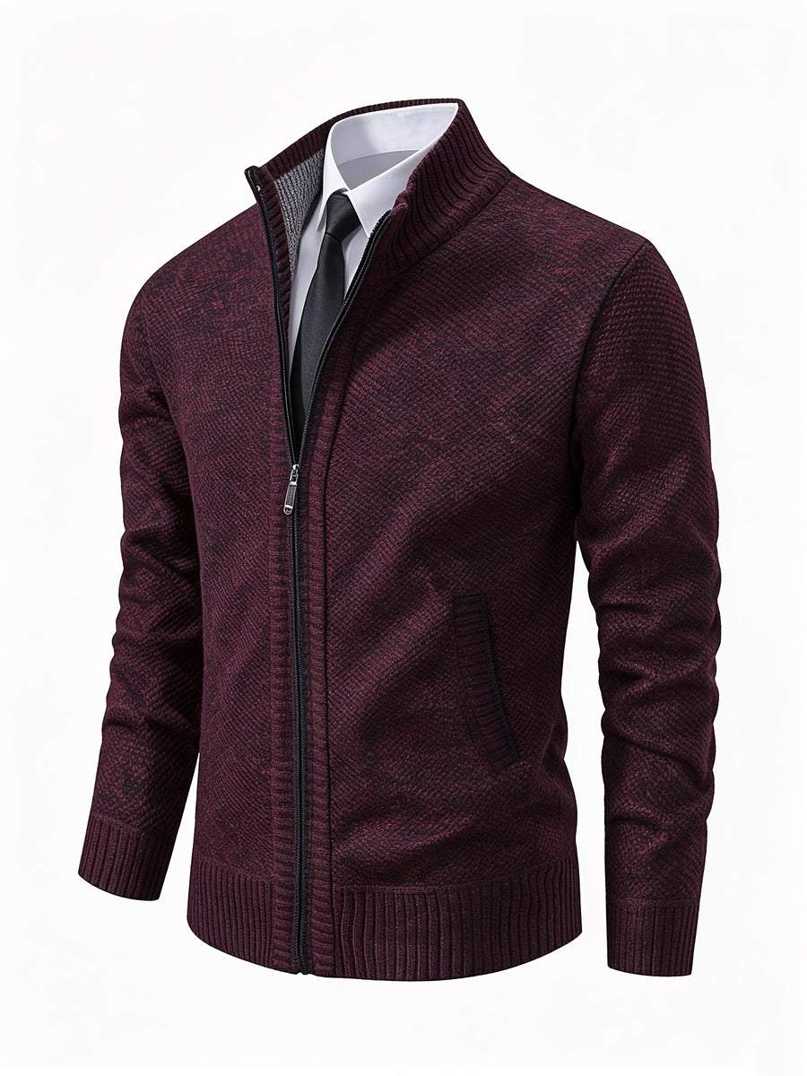 Men's Stand Collar Zip Up Knitted Cardigan Jacket, Casual Business Long Sleeve Sweater Coat with Pockets, Fall Winter Thick Warm Knit Outerwear for Men - Red