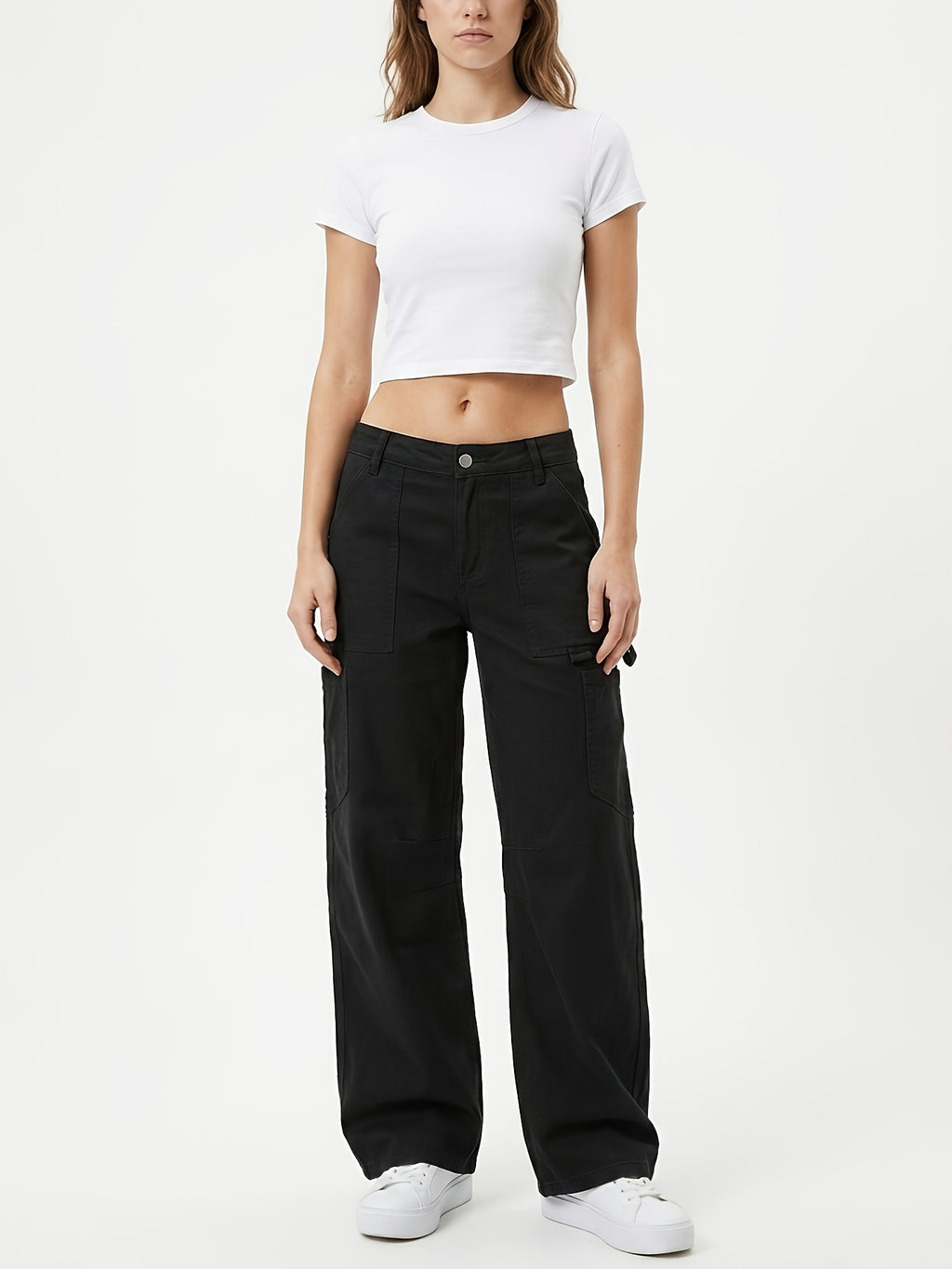Women'S New Stretch Low-Waist Straight Cargo Pants, Daily Commute Easy Casual Fashion Versatile Long Trousers Denim Jeans - Black