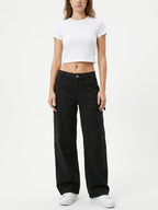 Women'S New Stretch Low-Waist Straight Cargo Pants, Daily Commute Easy Casual Fashion Versatile Long Trousers Denim Jeans - Black