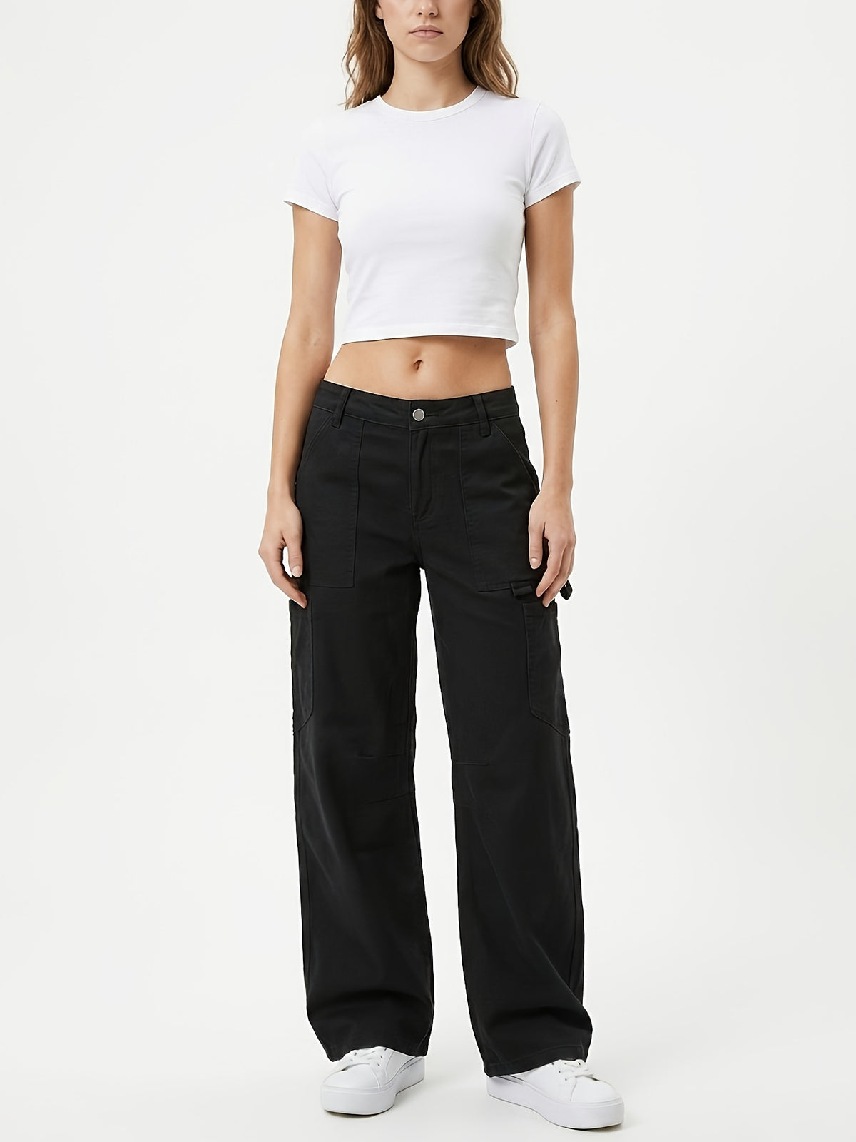 Women'S New Stretch Low-Waist Straight Cargo Pants, Daily Commute Easy Casual Fashion Versatile Long Trousers Denim Jeans - Black